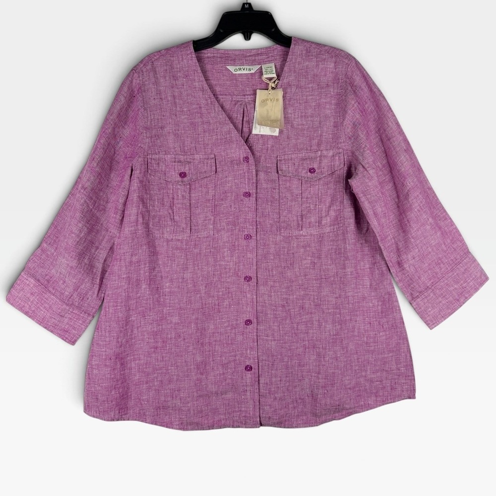 Orvis Button Front Shirt Lightweight Linen Womens L Purple 3/4 Sleeve NWT